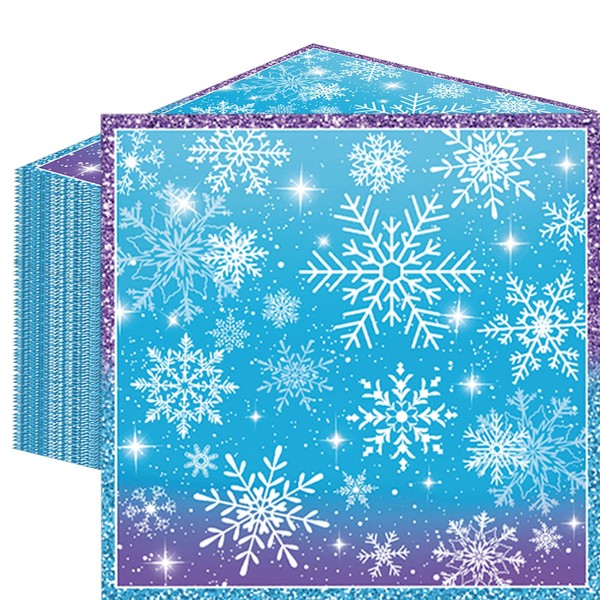 50 Count Snowflake Winterland Paper Napkins, Disposable Snow Party Napkins