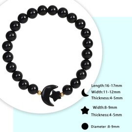 Nupuyai Carved Moon Star Obsidian Crystal Stone Bracelet for Women, 8mm Round Beads Stretch Bracelet Lucky Charm