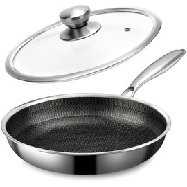 CADIVIZZO Stainless Steel Frying Pan with Lid - 9.5 Inch Nonstick Frying Pan with Lid, Honeycomb Stainless Steel Skillet Omelet Chef's Pan with Stay Cool Handle, Induction Compatible, PFOA Free