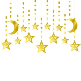 Gold Star-Moon Party-Decorations Garland - 12pcs Twinkle Little Star Hanging Streamers Swirl,Kids Birthday Baby Shower Wedding Ramadan Eid Mubarak Banner Christmas Decor Panduola