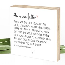 Wunderpixel® Holzbild Verbiege Tochter - Geschenk von Eltern - 15x15x2cm zum Hinstellen/Aufhängen, echtes Foto mit Spruch auf Holz - schwarz-weißes Wand-Bild Aufsteller zur Dekoration, Andenken