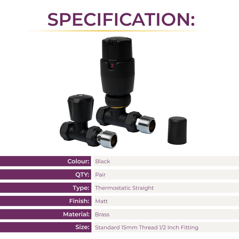 Black Straight Thermostatic Radiator Valves TRV Modern Radiator Valves 15mm