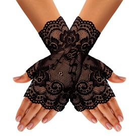 Black Lace Fingerless Gloves for Women, Gothic Short Wrist Covers for Sunblock, 1920s Tea Party Lace Gloves for Vampire Costume, Wedding, Opera, Prom, Goth Cosplay Clothes Accessories, One Size