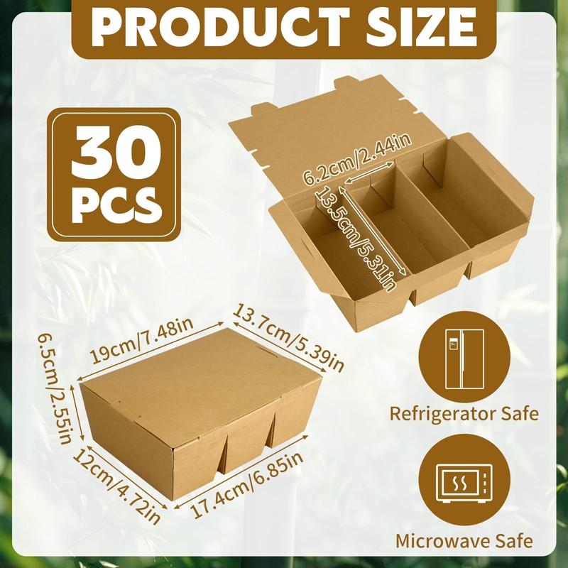 30 Pack 50 oz Paper To Go Containers, 3 Compartment