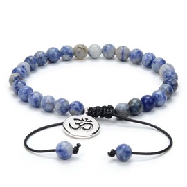 Adjustable Om Wish Bracelet Meditation Mala Prayer Beads Yoga Om Jewelry Braided with Natural Stone Mala Beads (Blue Spot Jasper Agate)