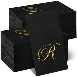 MotiMind 100 Pcs Black Napkins Monogram Paper Hand Towels for Bathroom Disposable Mongrammed Napkins Gold Foil Letter Black Napkins Decorative Towels Paper Dinner Napkin for Bathroom Wedding Party(R)