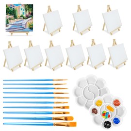 32Pcs Mini Easels with Art Canvas, BOJVESH 10 Small Artist Triangle Easels with 10 Canvas, 10 Paint Brushes and 2 Paint Palette, Canvas Painting Stand Kit for Party Drawing