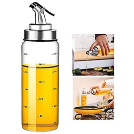 Olive Oil Dispenser Bottle, Liquid Condiment Container, 10 Oz Vinegar Dispensing Cruets With Dripless Capped Spout, Glass Decanter for Kitchen with Degree Scale