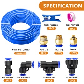 mankk 6mm Air Line Kit 32.8 Feet Air Hose Pneumatic Tubing PU Air Hose Pipe Tube Kit 6mm Quick Connect Fittings Push to Connect Fittings for Air Line or Fluid Transfer