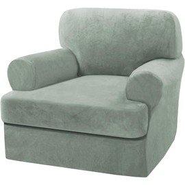 H.VERSAILTEX Sofa Cover 2 Piece T Cushion Armchair Slipcovers Thick Velvet Couch Cover Stretch T Cushion Sofa Covers for 1 Cushion Couch with 1 Individual T Cushion Covers Washable, Sea Grass