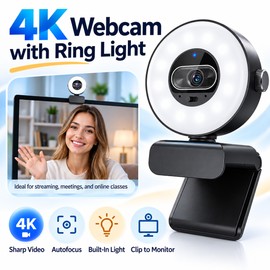 4K Webcam with Ring Light for Video Calls – 1080p 60fps Autofocus USB Camera for Streaming and Home Office
