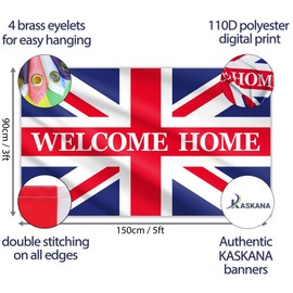 Welcome Home Banner - Welcome Back banner Union Jack - Welcome Home decorations - 5ft x 3ft Vivid Digital Print - 110Den Thick polyester - Double Seam (White)