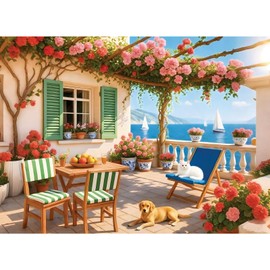 500 Piece Puzzles for Adults, Cozy Seaside Terrace Scene Jigsaw Puzzles with Dog and Cat, Relaxing 500 Piece Puzzle, Perfect for Family Time, Wall Decor, Gift for Adults, Kids, Seniors, 20.5 x 15 in