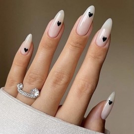 24 Pcs Cute Valentine's Day Press on Nails Medium Almond Fake Nails Press ons All White Stiletto Glue on Nails Glossy with Black Heart Design Artificial Acrylic False Nails Stick on Nails for Women