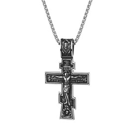 Flonge Vintage Orthodox Cross Necklace: Eastern Orthodox Cross Necklace Religious Stainless Steel Cross Pendant Crucifix Necklaces Fashion Jewelry Gifts for Men Silver