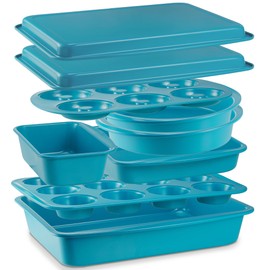 BRONYPRO Ceramic Baking Pans Set, 9-Piece Baking Sheet Set with Non-Stick Coating and Innovative Handles, Includes Exclusive Donut Pan – Ideal for Home and Professional Baking(Turquoise)