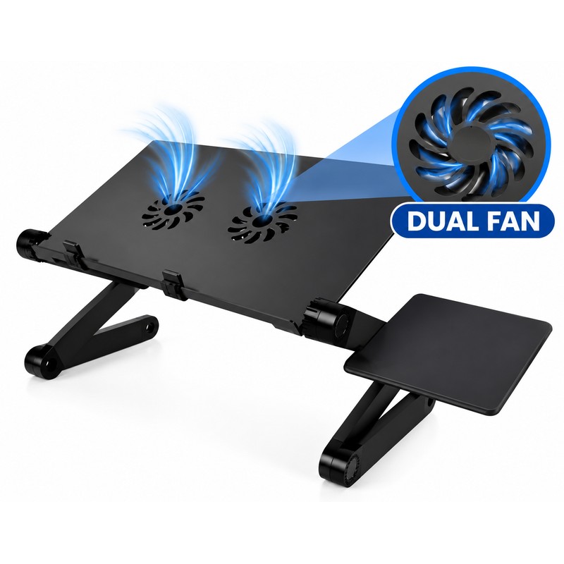 Folding Aluminum Laptop Table with Dual Cooling Fans, Adjustable Notebook