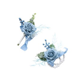 Ansofi Dusty Blue Corsage and Boutonniere Set, Prom Artificial Flower Wrist Corsage Bracelets for Homecoming, Boutonniere for Men Wedding Flowers Accessories Prom Suit Decorations