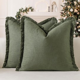 OTOSTAR Set of 2 Linen Fringe Decorative Throw Pillow Covers 16x16 Inch Soft Accent Cushion Covers with Tassels Boho Farmhouse Home Decor Pillowcases for Sofa Couch Patio Bed Living Room, Olive Green