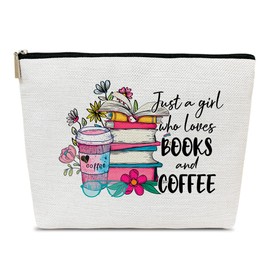 Ythuil Books Gifts Makeup Bag, Just A Girl Who Loves Books and Coffee, Readers Cosmetic Bag for Purse, Reading Gifts for Readers, Lovers, Women, Besties