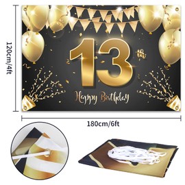 HAMIGAR 6x4ft Happy 13th Birthday Banner Backdrop - 13 Years Old Birthday Decorations Party Supplies for Girls Boys - Black Gold