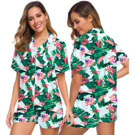 SWOMOG Womens Silk Satin Pajamas Set Short Sleeve Sleepwear Button Down Top and Shorts Loungewear 2 Piece Pjs Set XS-3XL Tropic Medium
