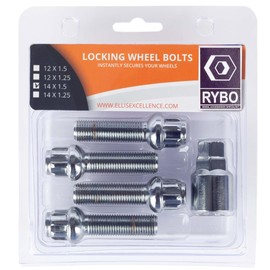 RYBO Set of 4 M14 x 1.5 Radius Seat Alloy Wheel Locking Bolts (Chrome, 45mm Thread Length)