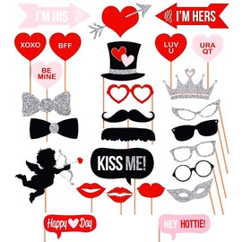 27Pcs DIY Valentine’s Day Photo Booth Props Kit, Creative Funny Glitter Disguise Props Party Decorations Tiara Angel Hearts Mustaches for Wedding Bridal Shower for Party Supplies