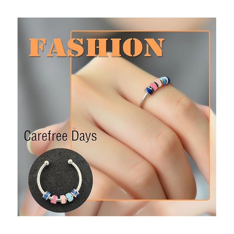 2 Pcs Stainless Steel Finger Rings,Multicolor Relief Spinner Rings (blue+white)