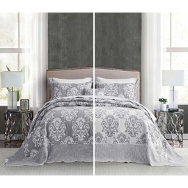 HZ & HY Oversized King Bedspread 128x120 Extra Wide, Jacquard Matelasse Damask Pattern Design, Lightweight, Reversible, 5 Piece, 100% Microfiber, Grey