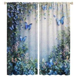 DIPQIMI Blue Butterfly Flower Blackout Curtains for Bedroom/Living Room, Beautiful Vine Plant Curtains Rod Pocket Thermal Insulated Window Drapes, 21W x 45L, 2 Panels