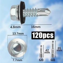 Pack of 120 Trapezoidal Sheet Metal Screws Self-Tapping Screws with Sealing Washer 4.8 x 16 mm + 2 Pieces Hex Bit Socket Set M8 Spengler Screws Galvanised Drilling Screws Metal Roofing Screws (Silver)