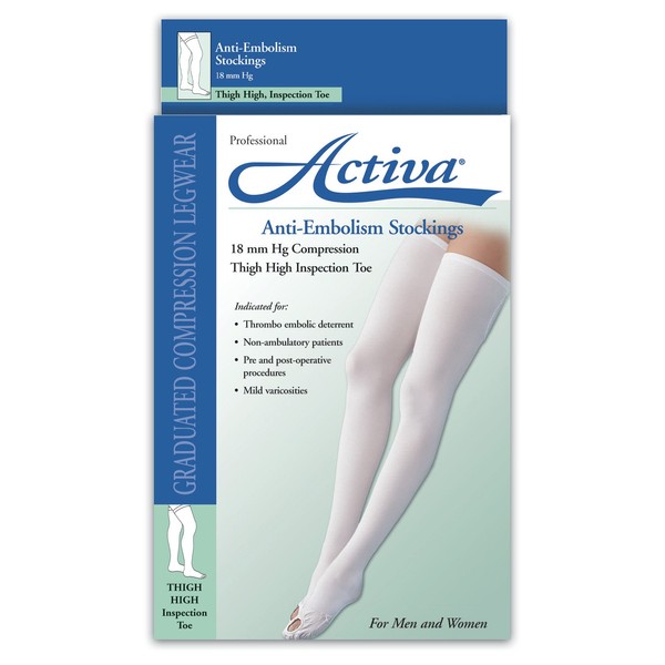 Activa Anti-EMB 18 mmHg Thigh High Inspection Toe Stockings, White, Medium