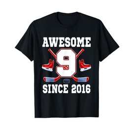 9 Year Old Birthday Ice Hockey Theme Awesome Since 2016 T-Shirt