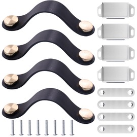 xianzhanEU Set of 4 Furniture Handles, Leather, Black Leather Handles for Furniture with 4 Magnetic Attraction, 1 Screwdriver, 8 Screws for Kitchen Cabinets, Cupboards, Chest of Drawers, Suitcases