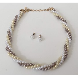 Avon Julie Gift Set - Pearl Cluster Necklace & Earrings - White, Ivory & Bronze