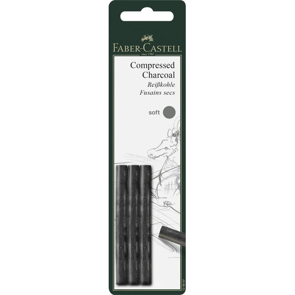 Faber-Castell Pack of 3 Compressed PITT Charcoal Sticks, Intensive Black, Soft
