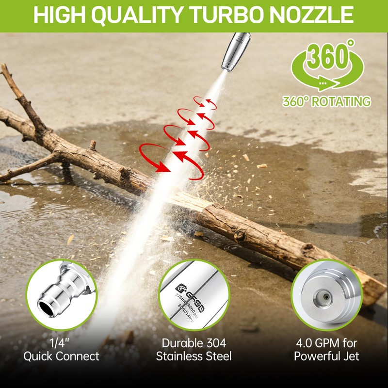 Stainless Steel Turbo Nozzle Pressure Washer 4000 PSI, 360° Rotating