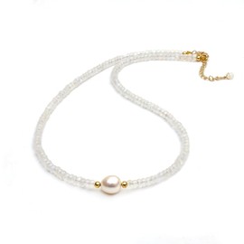 Gempires Rainbow Moonstone Beaded Necklace with Freshwater Pearl, June Birthstone Jewelry, Choker Style, Party wear, Lightweight, Gift for Mom,friend,14k Gold Plated 18 inch Adjustable Chain