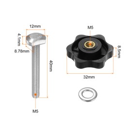 QUARKZMAN Set of 5 T-track Bolt Knob Kit M5 x 40 mm Threaded Bolt M5 x 32 mm Hex Hand Nut Clamping Knob with Washer for Woodworking Gauges and Jigs, Black