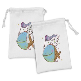 Ambesonne Fishing Fabric Pouch Set of 2, Large Fat Fish Holding a Flag with Love Words Humorous Fun Theme, Small Drawstring Bag for Toiletries Masks and Favors, 9" x 6", Multicolor