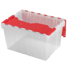 Akro-Mils KeepBox 12 Gallon Storage Container, Nesting and Stackable Plastic Storage Box with Lid Attached, Clear Tote for Garages, Closets, and Moving, 21-1/2" x 15" x 12-1/2", Clear/Red