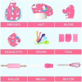 MUOIVG Chef Set Cooking and Baking Set for Children, Baking Set, Kitchen Toy Set, Role Play with Aprons, Chef's Hats, Oven Gloves, Unicorn Pattern, Children's Cook, Children's Kitchen Gift Children