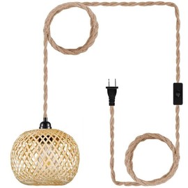 Vintage Plug in Pendant Light Wicker Rattan Hanging Lights with 15ft Hemp Rope Cord Mini Bamboo Lampshade Boho Wall Lighting Fixture Swag Lamp for Kitchen Island Farmhouse Living Dining Room Bedroom