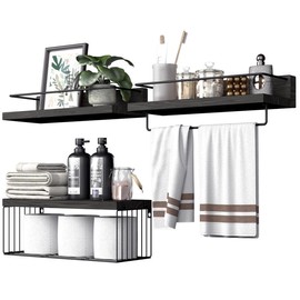 Bathroom Shelves Over Toilet for Wall, Floating Shelves with Storage Basket Paper Holer for Kitchen Living Room, Bedroom & Classroom, Set of 3 Organiser Racks - Color: Black