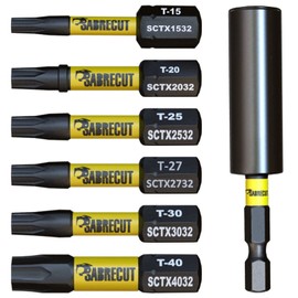 7 x SabreCut SCRK32TX 32mm T15 TX15 T20 TX20 T25 TX25 T27 TX27 T30 TX30 T40 TX40 Magnetic Impact Screwdriver Driver Bits Set Torx Heavy Duty Compatible with Dewalt Milwaukee Bosch Makita and More