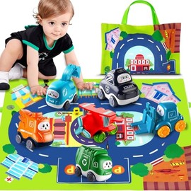 7 en 1 Carritos Juguetes para Niño, 6 Pcs Juguete Carros para Niños y 1 Bolsa de Almacenamiento de Mapa Tapete, Coches de Juguetes, Kit de Camiones de