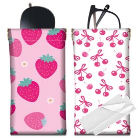 CREATCABIN 2Pcs Leather Glasses Case Slim Portable Soft Sunglasses Case Bag Strawberry Cherry Squeeze Top Eyeglass Holder Pouch Travel Waterproof with Cleaning Cloth Gift for Women Men Pink 7x3.5 Inch