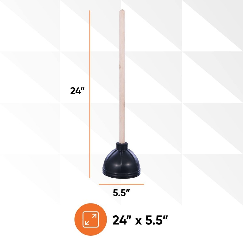 Superio Heavy Duty Plunger with 21 Inch Wooden Handle, Black