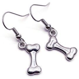Dog Bone Charm Earrings - Tibetan Silver 3D Charms on Nickelfree Hooks